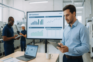 Team planning Manufacturing ERP for Small Business – Benefits & Top Solutions with digital dashboards”