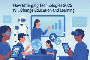 Digital illustration of a teacher guiding learners through holographic charts and AI learning assistants in a modern education environment.