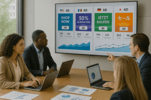 Marketer localizing business website with multiple languages and payment options