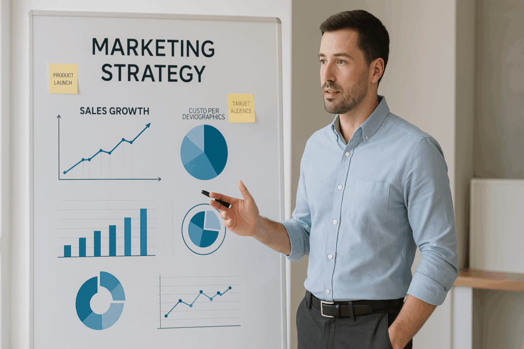 Small Business Marketing Strategy: Step-by-Step Guide with charts and planning on whiteboard