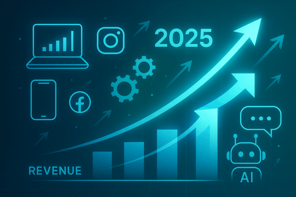 How to Scale a Business Using Digital Marketing and Automation in 2025 – futuristic graph with AI, automation, and digital marketing icons showing business growth