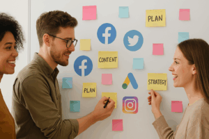 Small business team planning Digital Advertising Strategies for Small Businesses