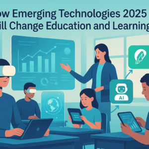 Students using VR headsets and AI-powered tablets in a futuristic classroom, symbolizing the role of emerging technologies in education by 2025.