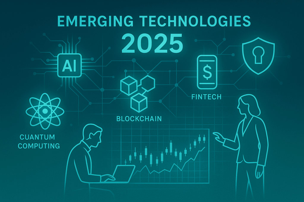 A futuristic business and finance concept illustration showing Emerging Technologies 2025 in action: glowing icons of AI, blockchain, quantum computing, fintech apps, and cybersecurity shields connected by digital networks. In the foreground, businesspeople analyze holographic financial graphs and stock charts. The background should feature a sleek blue-green gradient with neon accents, giving it a professional, modern, and high-tech magazine cover look.