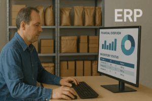 How to Choose the Right ERP System for Small Manufacturing Companies – business owner analyzing ERP reports for efficiency