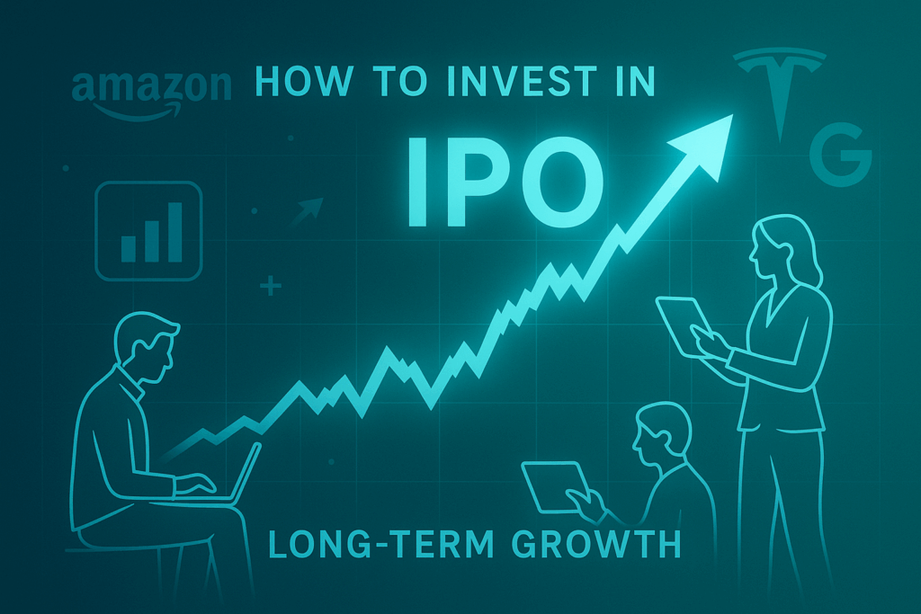 How to Invest in IPOs for Long-Term Growth – futuristic stock market graph with IPO icons and investors analyzing data