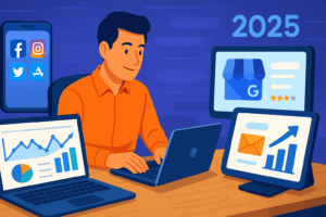 10 Proven Small Business Marketing Strategies for 2025 visual showing a business owner using digital marketing tools.