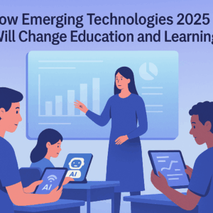 Digital illustration of a teacher guiding learners through holographic charts and AI learning assistants in a modern education environment.