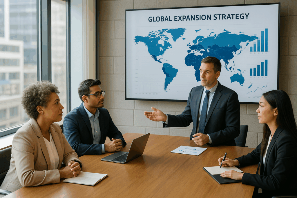 Business team discussing global expansion strategies with world map and charts.
