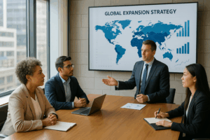 Business team discussing global expansion strategies with world map and charts.
