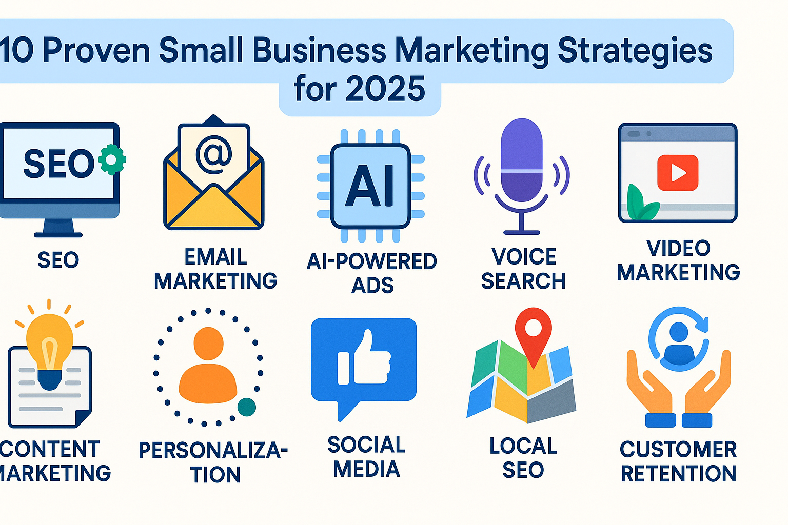 Infographic of 10 Proven Small Business Marketing Strategies for 2025 including SEO, AI, email, and video marketing.