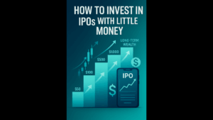 Step-by-Step infographic on how to invest in IPOs with little money, showing a growth ladder from $50 to $1,000 leading to long-term wealth with stock market icons and mobile trading app illustration