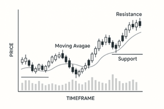 Illustrated stock chart showing candlesticks, support and resistance levels, and trend lines used in beginner stock analysis.