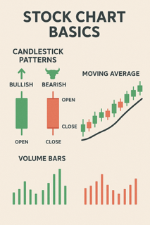Infographic explaining the basic elements of stock charts including candlestick patterns, volume bars, and moving averages.