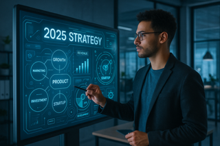 Entrepreneur planning best business strategies on a digital whiteboard 2025