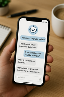 Digital assistant chatbot interface on mobile helping a customer with small business support