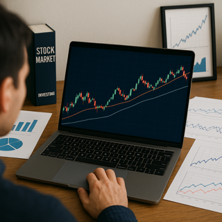 A beginner analyzing stock market trends on a laptop, studying chart patterns and indicators like trend lines and volume.
