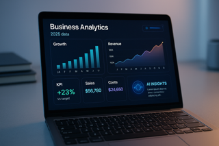 Laptop with business analytics dashboard showing emerging trends and growth projections 2025