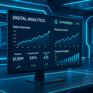 AI-powered analytics screen showing growth metrics for a local business in 2025