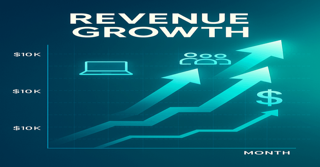 Futuristic business growth concept illustration showing a graph of revenue rising from $10K to $100K per month, with upward arrows, digital business icons like a laptop, team, and dollar signs, set on a sleek blue-green gradient background.