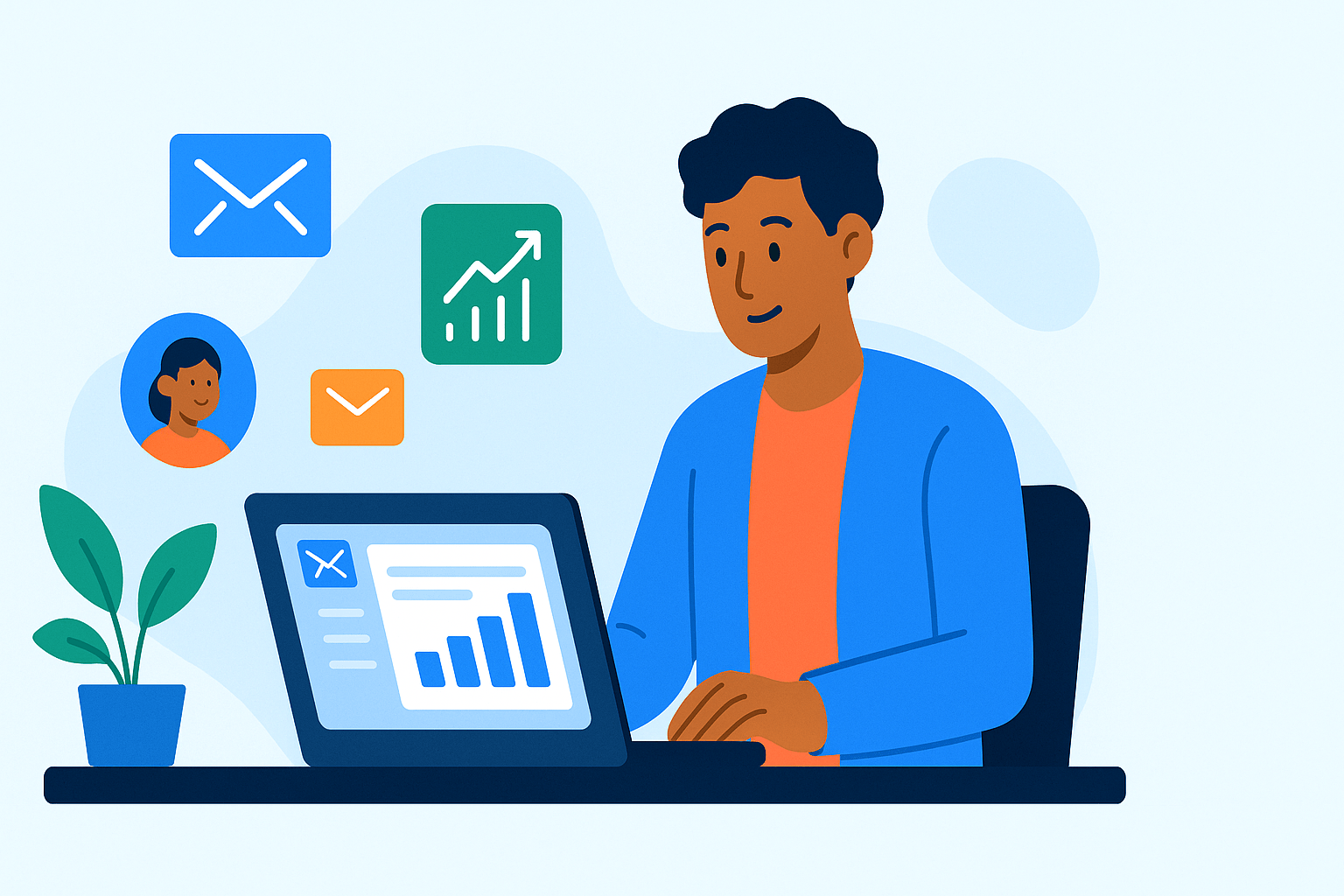 Email Marketing for Small Business: Step-by-Step Beginner’s Guide illustration with business owner, laptop, and email campaign icons.