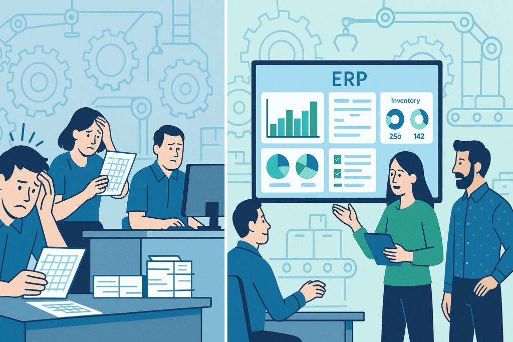 “ERP vs. Traditional Software for Manufacturing Small Businesses – comparison of manual tools vs. modern ERP dashboard in a factory setting.”