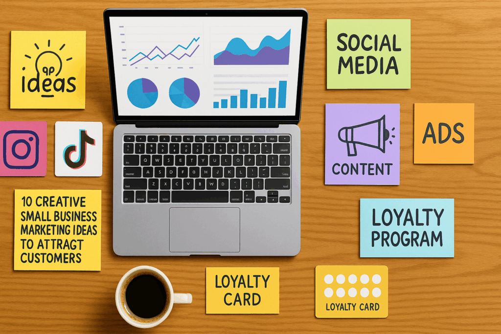 10 Creative Small Business Marketing Ideas to Attract Customers – digital marketing tools, social media icons, and business strategy planning on a desk