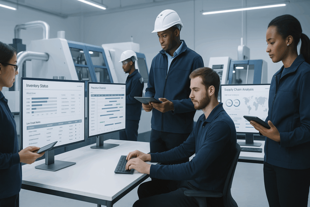 “Modern small manufacturing workshop with advanced digital software dashboards displayed on screens, showing inventory tracking, production scheduling, and supply chain analytics. Diverse team of workers and managers using tablets and computers. Clean, professional, futuristic look with 2025 technology vibe. Bright lighting, minimalistic design, high-tech but small business scale.”