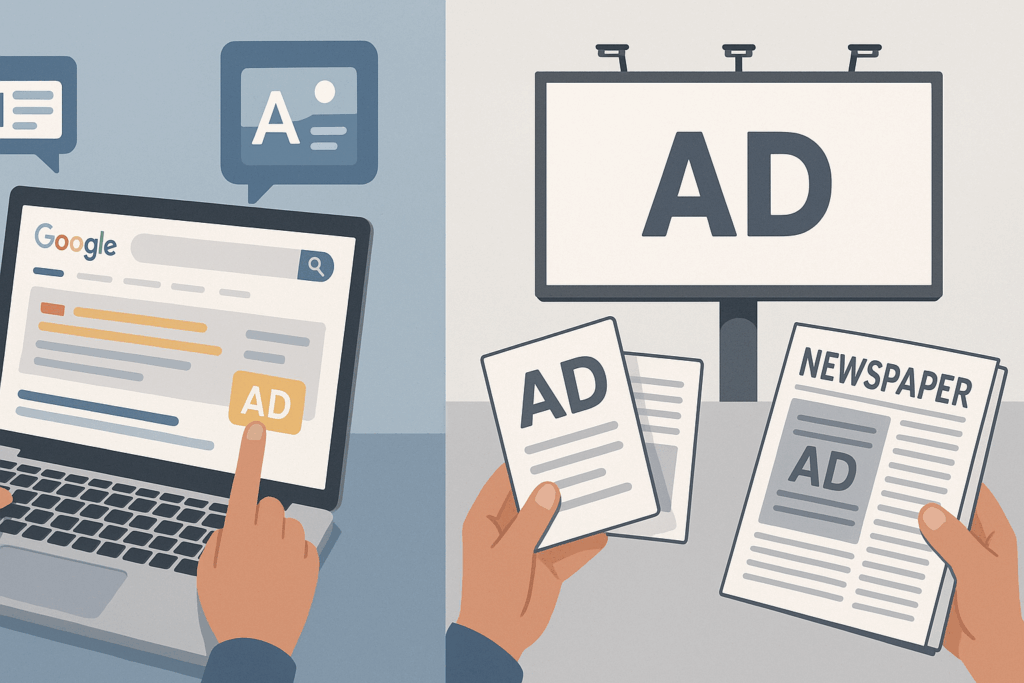 “Comparing Online vs. Offline Advertising for Small Businesses with digital and traditional marketing examples”