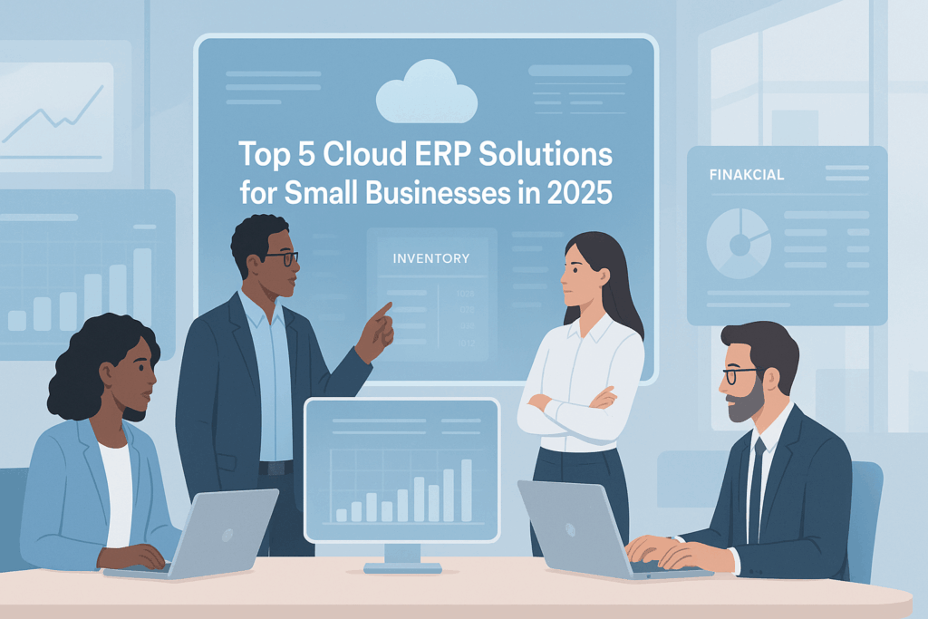 Business professionals reviewing cloud-based ERP data and analytics on futuristic screens in 2025