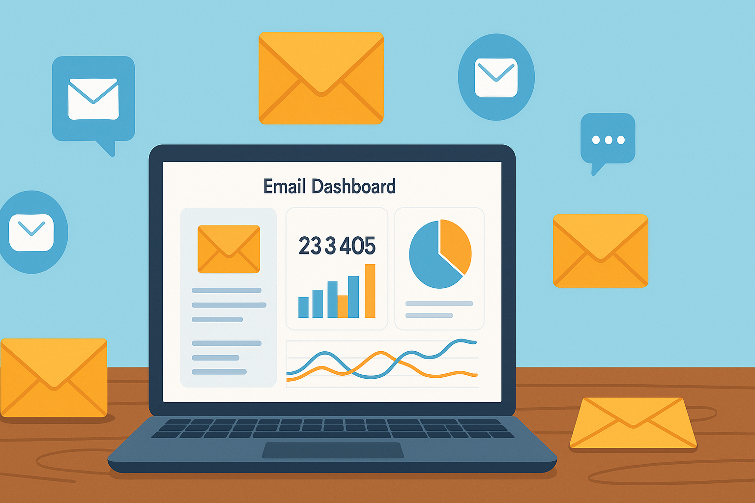 Email Marketing Strategies for Small Businesses illustrated with a laptop dashboard showing charts, graphs, and digital envelopes.