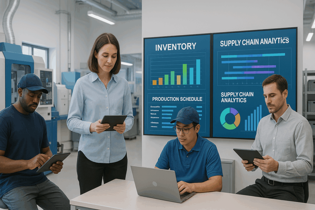 Features to Look for in Manufacturing Software for Small Companies displayed in a modern factory with digital dashboards for inventory, scheduling, and supply chain management.