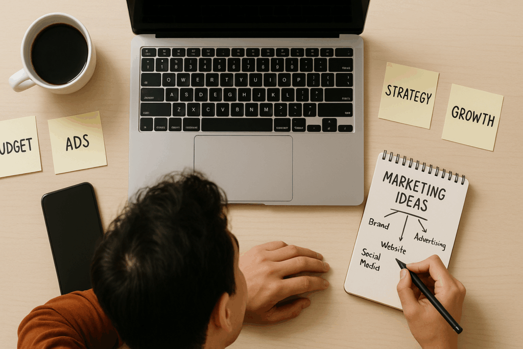 How to create a small business advertising plan on a budget – entrepreneur planning marketing strategy with laptop, notes, and budget ideas.