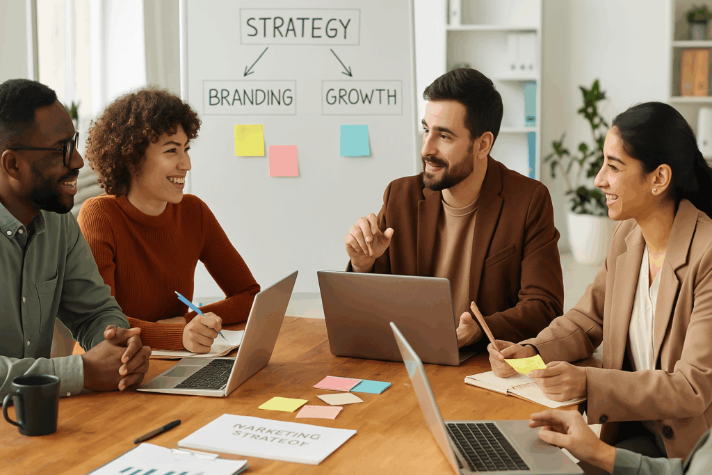 5 Essential Components of a Winning Small Business Marketing Strategy illustrated by diverse business owners brainstorming around a table with laptops and charts.