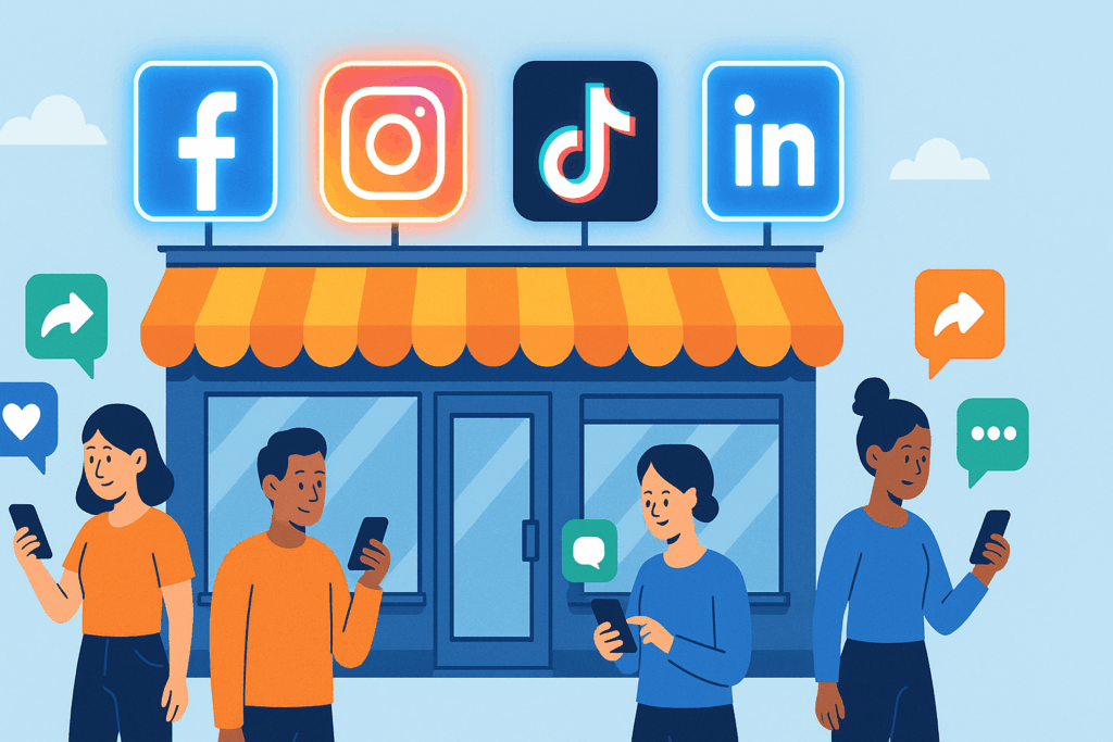 Small business storefront with Facebook, Instagram, TikTok, and LinkedIn icons above it, customers engaging on phones with likes and comments floating around.