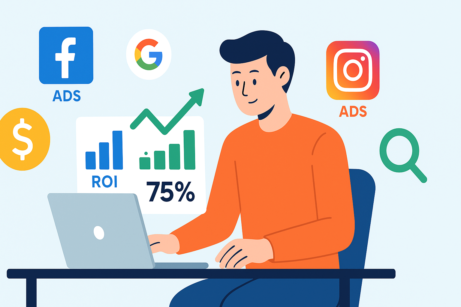 Small business owner analyzing ROI metrics on a laptop with charts, growth arrows, and social media advertising icons.