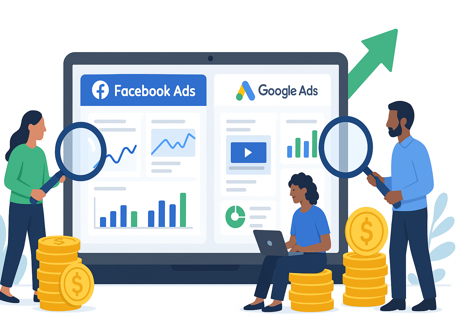Step-by-Step Guide to Small Business Advertising on Facebook & Google with illustrated dashboard, graphs, and business owners analyzing ad results.
