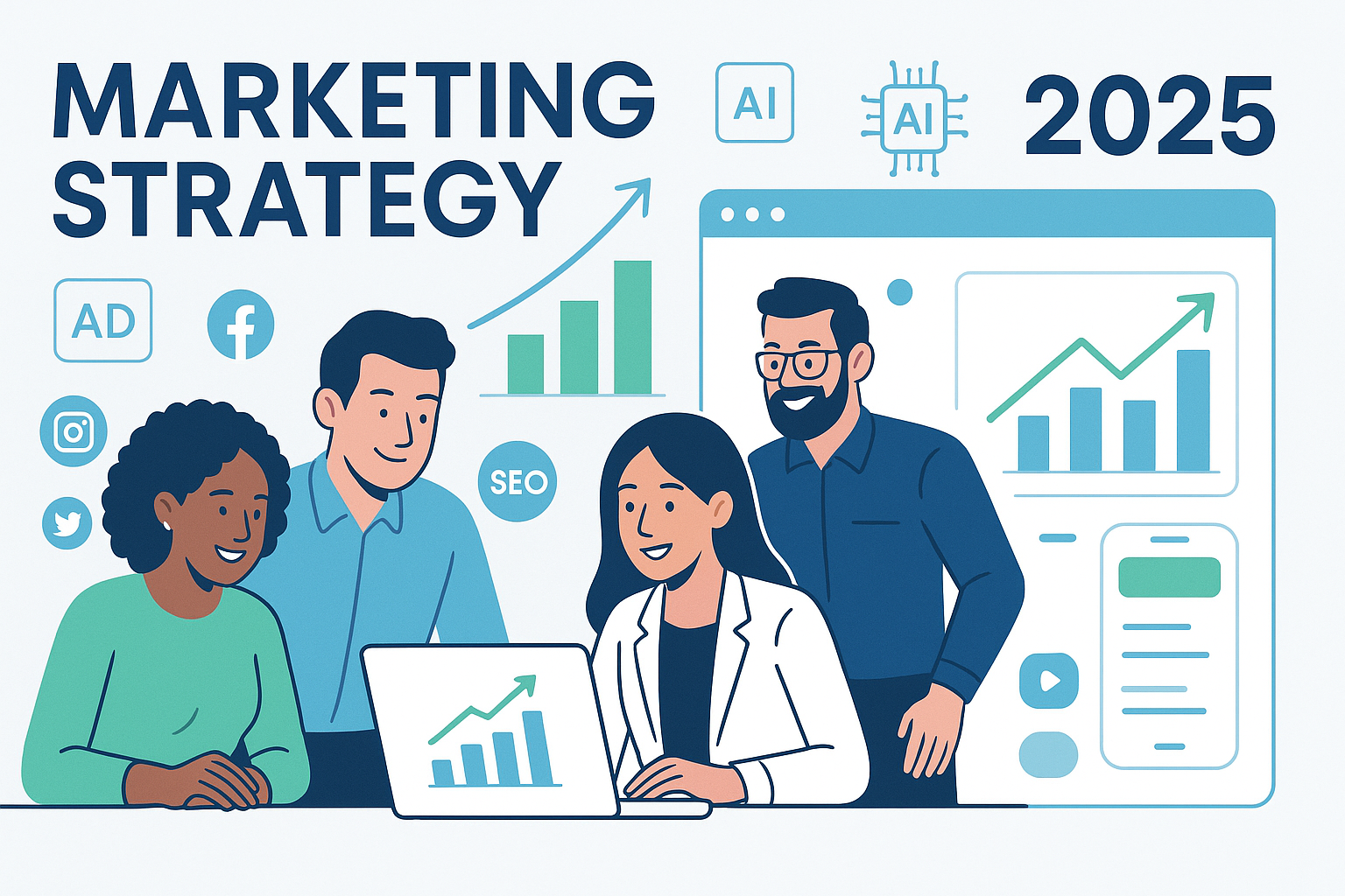 Small Business Marketing Strategy: A Complete 2025 Guide with charts, SEO graphs, and social media icons on a laptop screen.