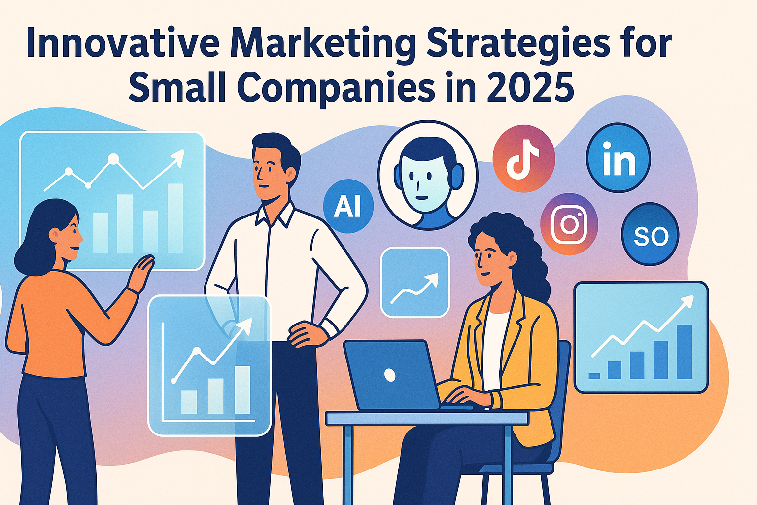 “Innovative Marketing Strategies for Small Companies in 2025 with AI tools, holographic charts, and social media icons.”