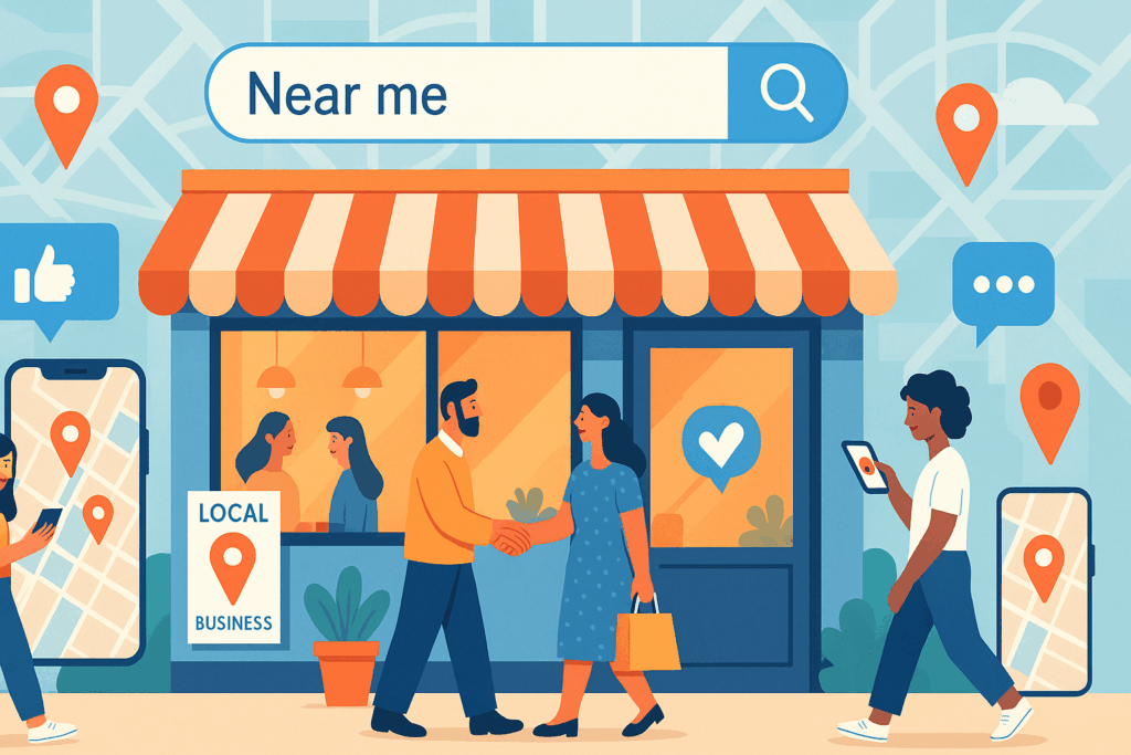 Local Small Business Marketing: How to Reach Nearby Customers with online search and community engagement illustration