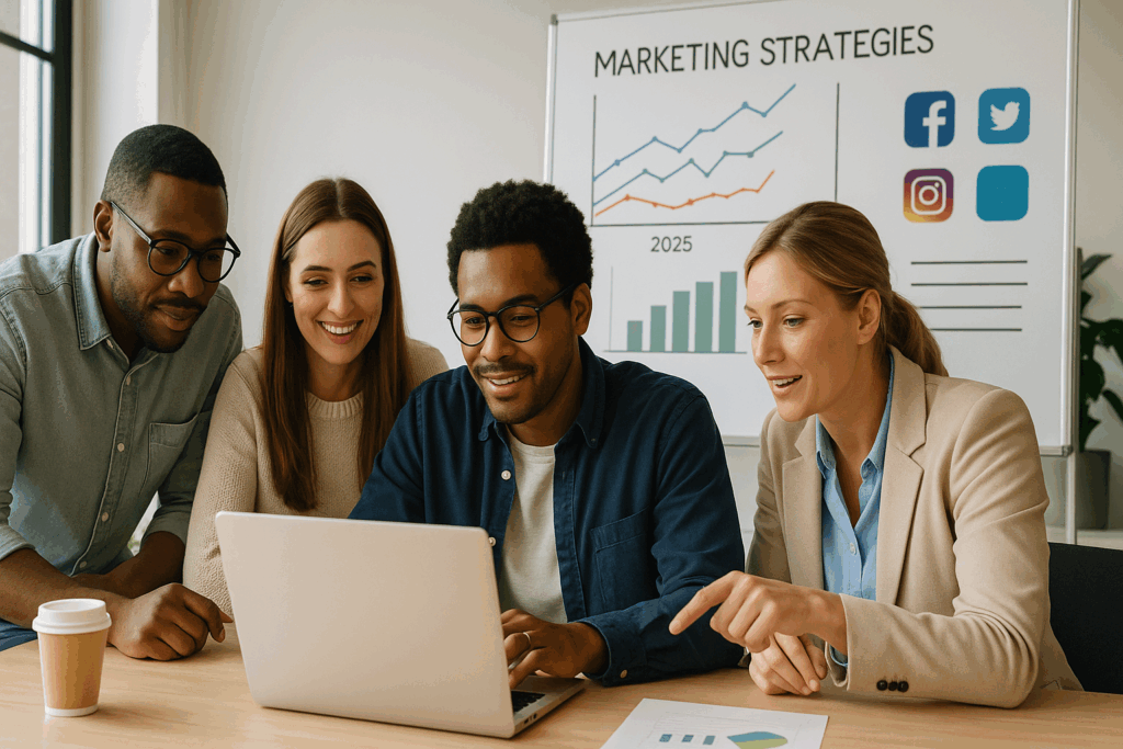 Future of small business marketing: trends to watch with real small business team planning strategies around social media, AI, and customer engagement.