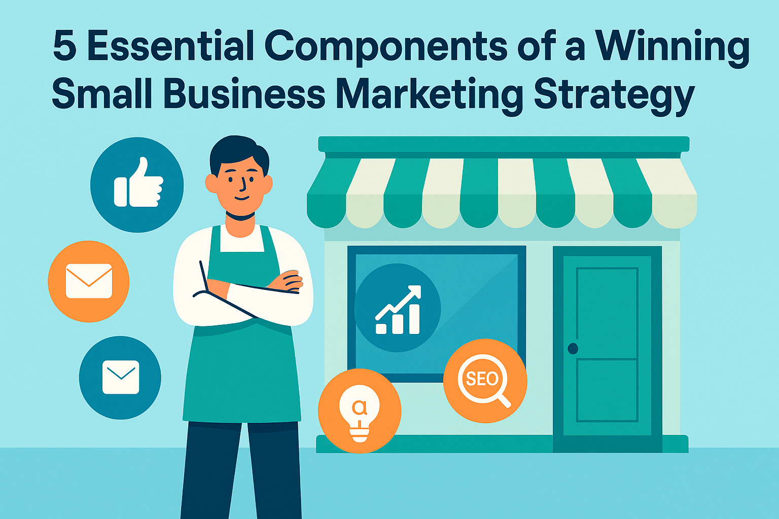 5 Essential Components of a Winning Small Business Marketing Strategy illustrated with a business owner, digital marketing icons, and growth elements.