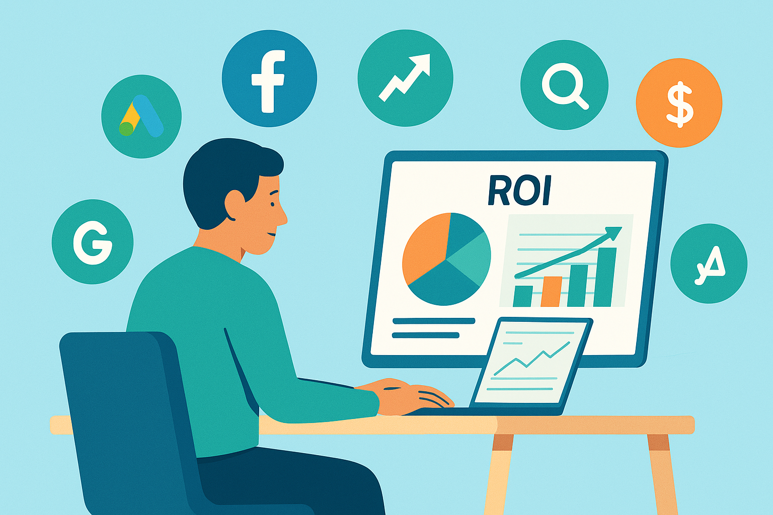 How to Measure ROI in Small Business Advertising Campaigns – small business owner analyzing ad performance charts and ROI metrics