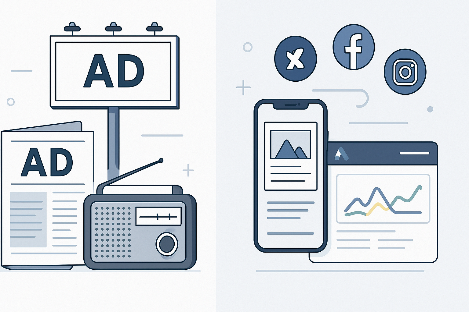 Split-screen illustration comparing traditional advertising methods with digital advertising platforms for small businesses.