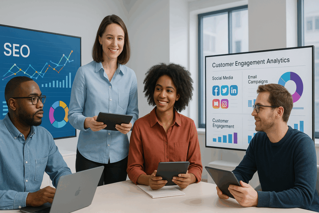 Marketing Strategies for Small Businesses – Ultimate Guide illustrated with digital marketing dashboards, social media icons, and a small business team collaborating.