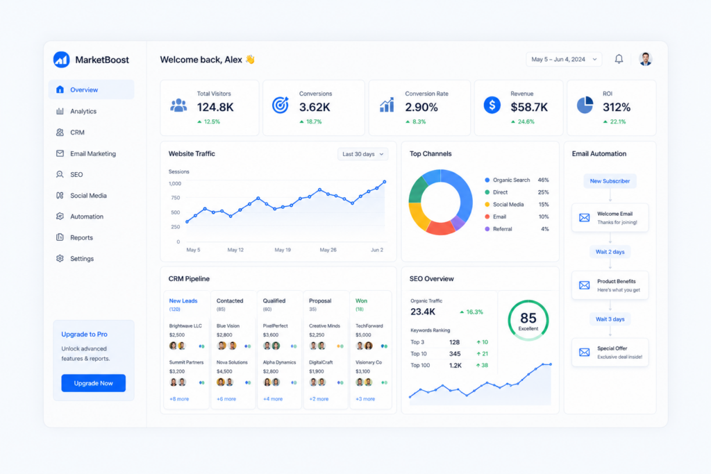 7 best marketing tools for SaaS startups shown on a digital growth dashboard