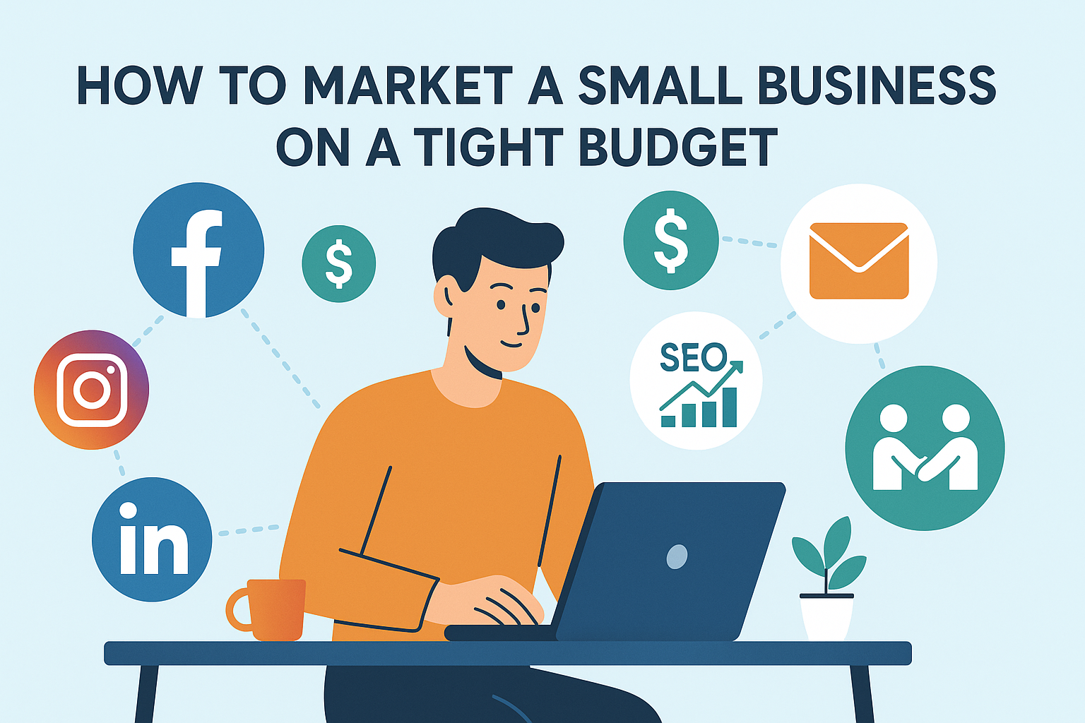 Marketing strategies for small business represented with laptop, SEO charts, social media, and email icons.