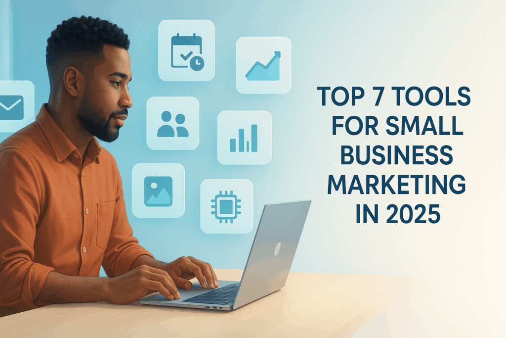 Top 7 Tools for Small Business Marketing in 2025 — small business owner viewing dashboards with icons for email, social, SEO, CRM, analytics, design, and automation.