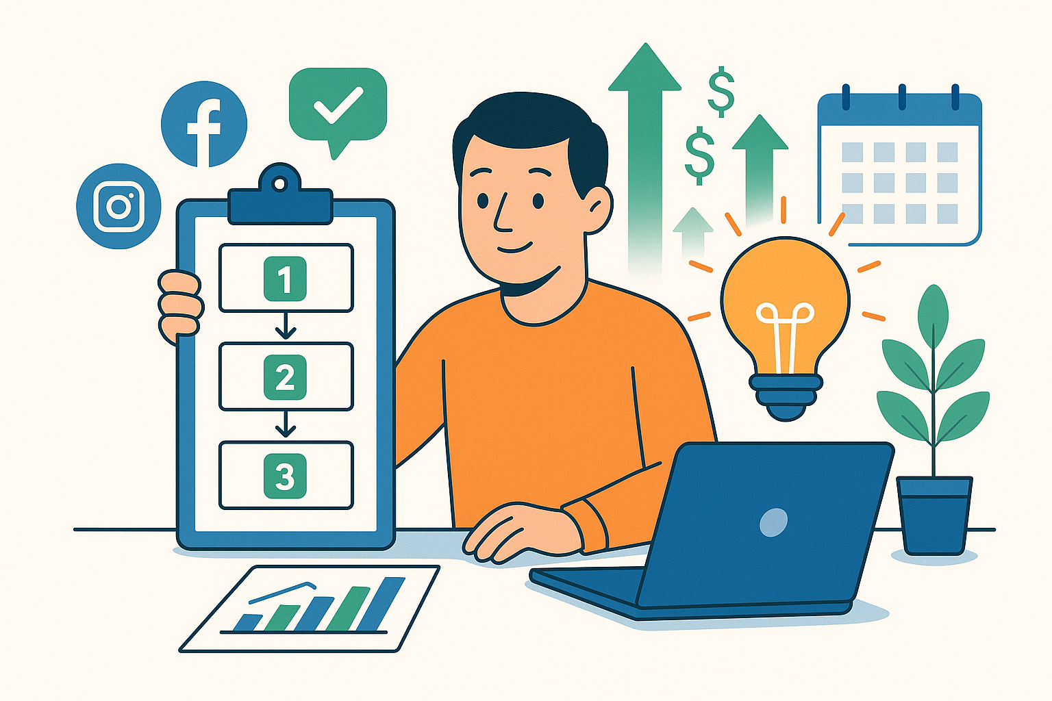 Flat design illustration of a small business owner at a desk with a laptop, holding a clipboard showing a step-by-step plan (1–2–3).