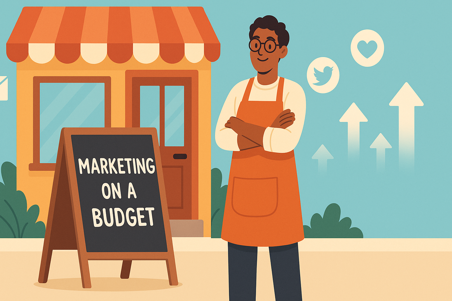 “Low-Cost Small Business Marketing Hacks for Tight Budgets shown by a shop owner promoting growth with social media and budget-friendly tools”